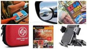 photo montage of 6 gear items for planning Route 66 road trip